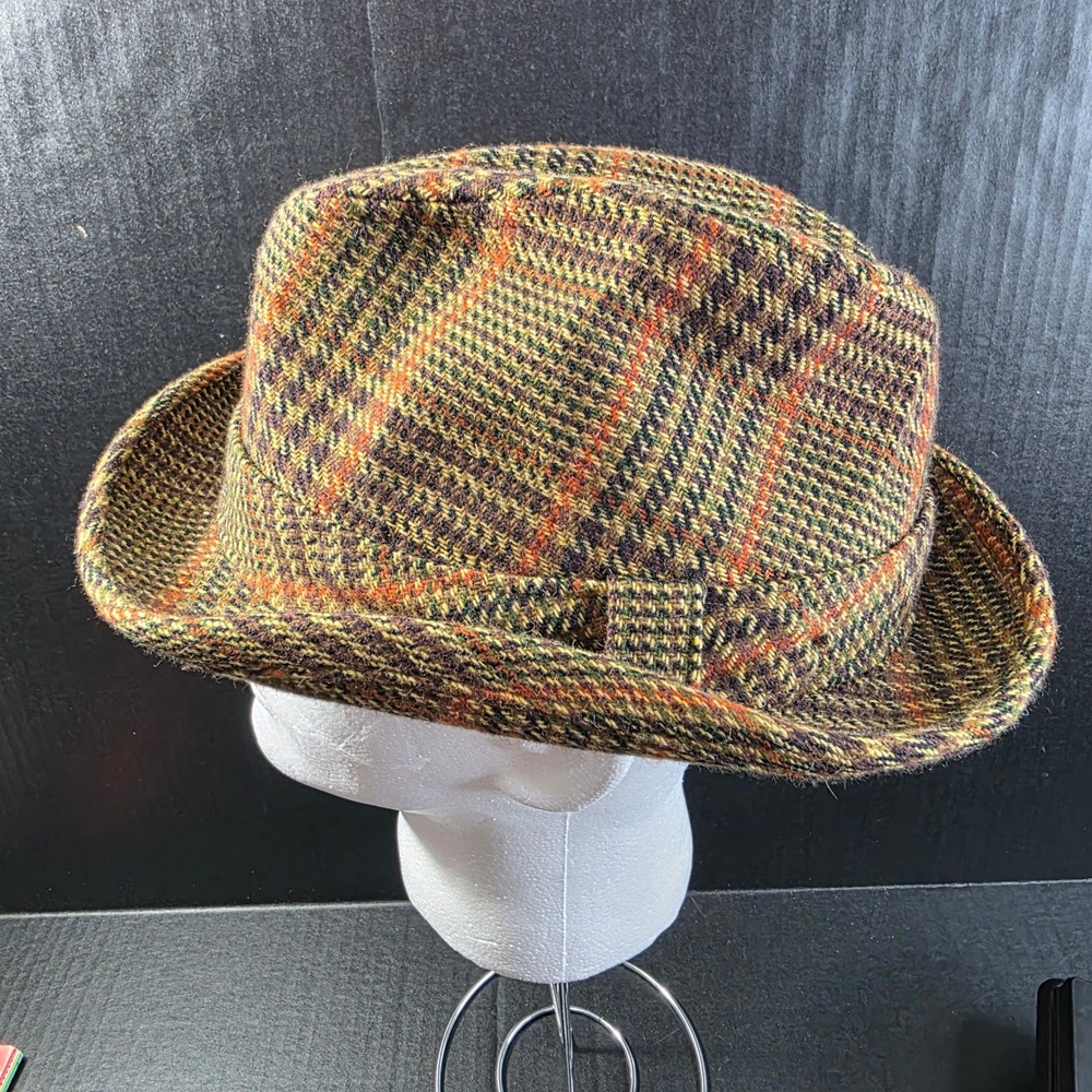 Churchill Ltd Mens Wool Tweed Plaid Fedora Hat Brown Orange Green Size 7 1/2